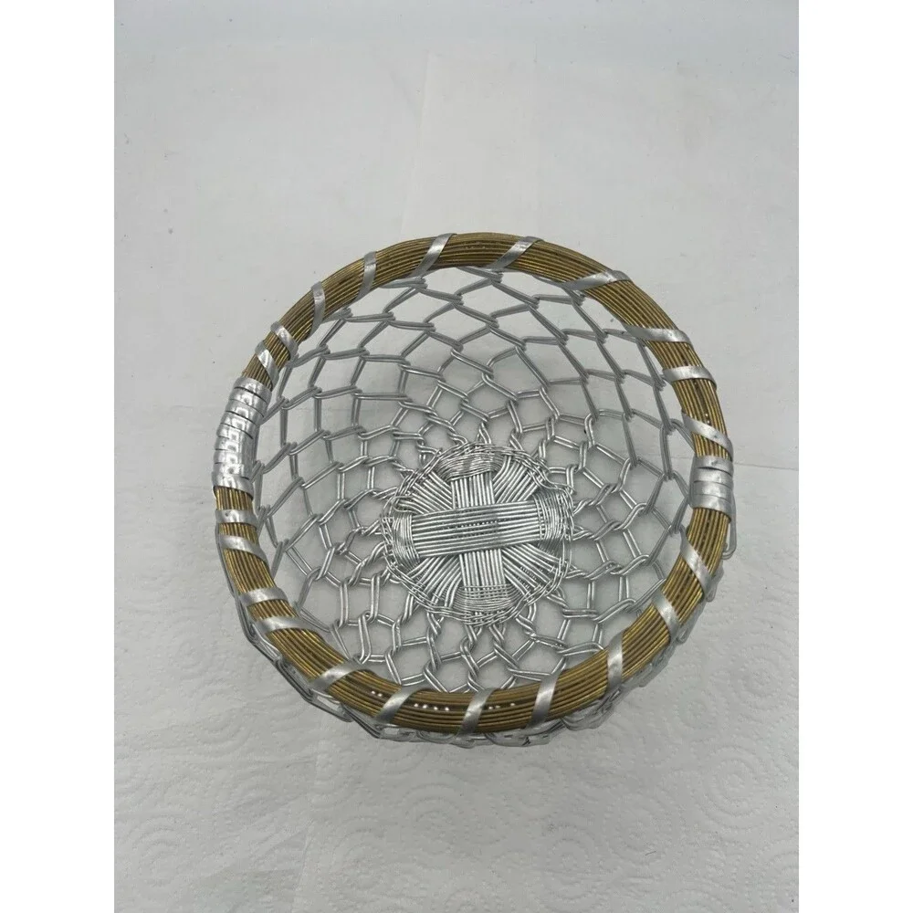 Vintage Brutalist WireBasket Woven Aluminum & Brass Mid-Century MCM Bowl 6.5